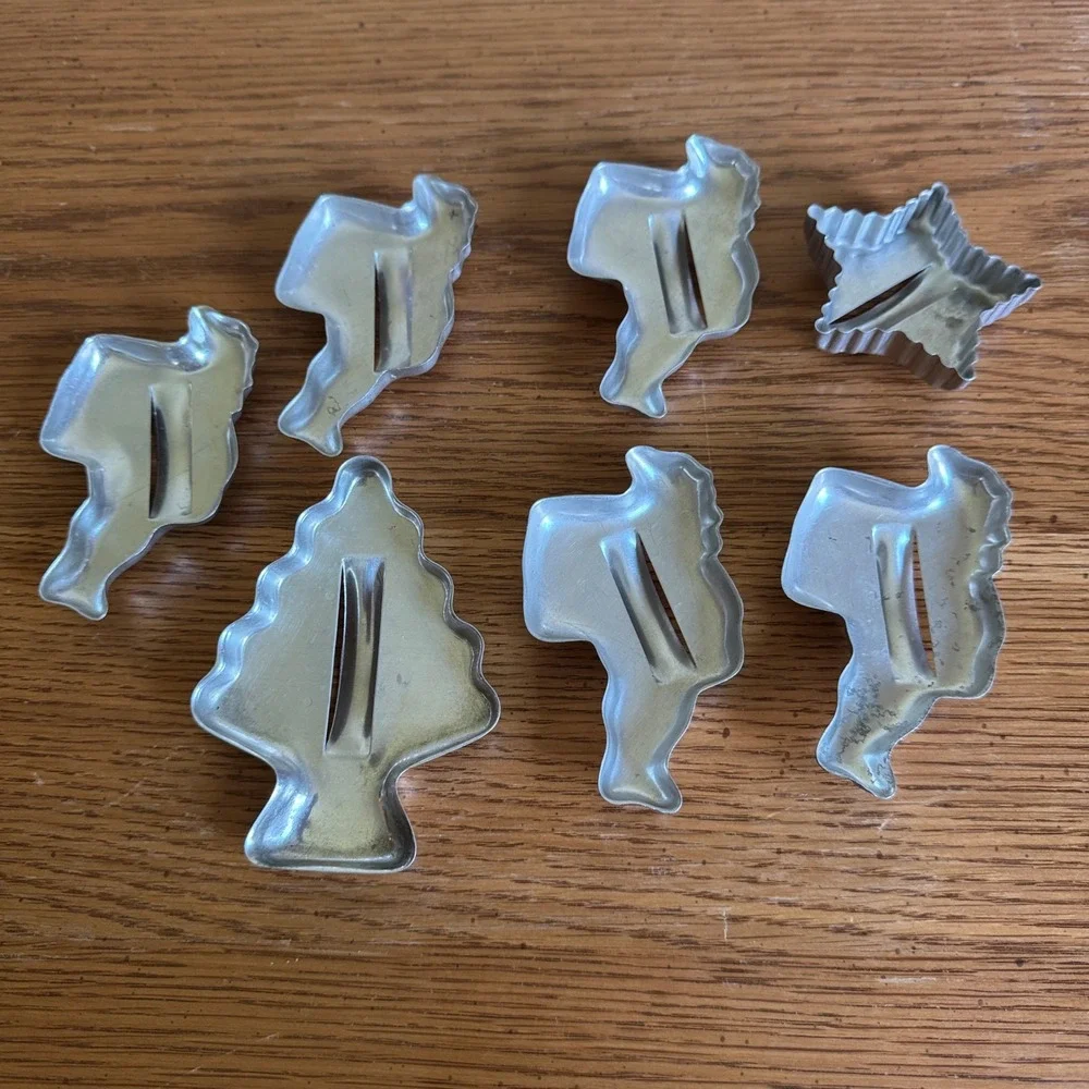 Vintage Aluminum Christmas Cookie Cutter Lot of 7 Santa Tree Star Silver Tone